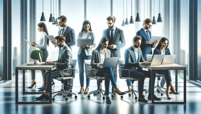 Oficina moderna con emprendedores trabajando juntos en laptops, ambiente colaborativo y tecnológico.