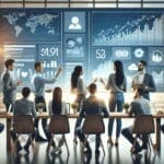 Emprendedores colaborando frente a pantallas con redes sociales y gráficos de tecnología.