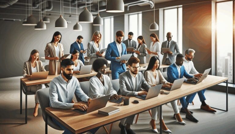 Un grupo diverso de emprendedores en una sala de reuniones moderna, trabajando juntos en laptops.