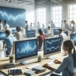 Oficina tecnológica luminosa con computadoras, jóvenes trabajando y pantallas mostrando gráficos financieros digitales.