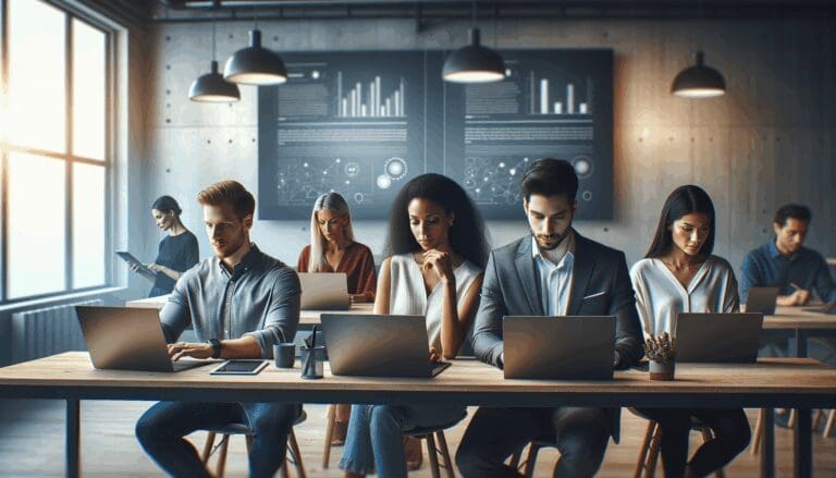 Equipo diverso en un coworking tecnológico moderno con laptops y pizarras digitales.