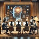 Equipo internacional de desarrolladores colaborando alrededor de una pantalla que muestra gráficos abstractos de inteligencia artificial en una oficina moderna, iluminación cálida y ambiente tecnológico.