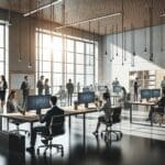 Oficina moderna con equipos multinacionales trabajando en tecnología e innovación.