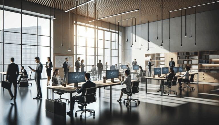 Oficina moderna con equipos multinacionales trabajando en tecnología e innovación.