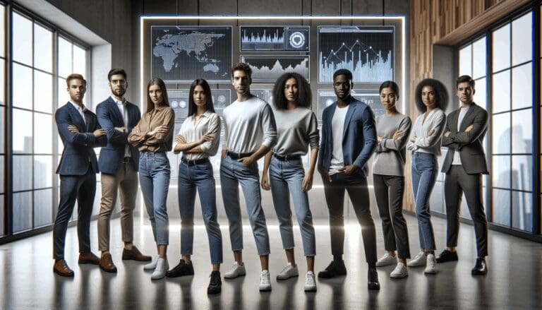 Fotografía de un equipo diverso de jóvenes emprendedores frente a pantallas con gráficos digitales y escudos de seguridad en ambiente moderno.