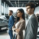 Conductores jóvenes revisando autos nuevos en un showroom moderno con ambiente corporativo.