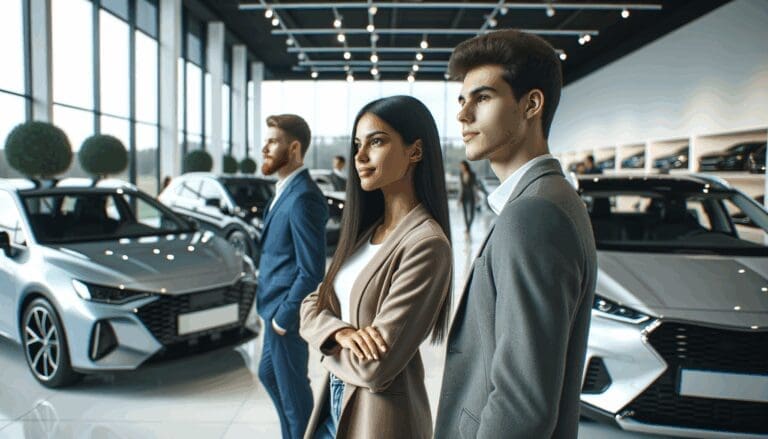 Conductores jóvenes revisando autos nuevos en un showroom moderno con ambiente corporativo.