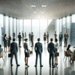 Evento corporativo en altura con emprendedores e inversores en un rascacielos.