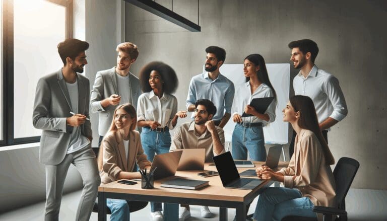 Jóvenes emprendedores colaborando en un espacio de coworking moderno con laptops y pizarras digitales.