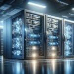 Primer plano de servidores y módulos de inteligencia artificial en un centro de datos moderno, con luces azules y fondo desenfocado.