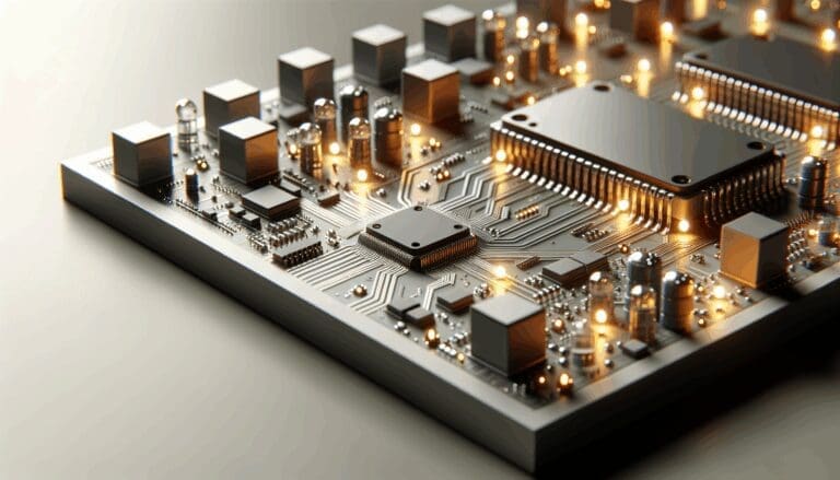 Primer plano de una placa de circuito impreso con chips y luces LED, ambiente moderno y colores neutros.