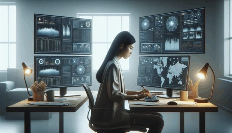Ilustración de una persona trabajando sola frente a varias pantallas con gráficos de datos y algoritmos de inteligencia artificial, en un entorno moderno y minimalista.