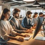Jóvenes profesionales trabajando frente a computadoras en un moderno coworking de América Latina.