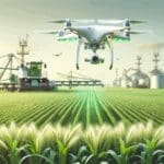 Dron volando sobre un campo agrícola verde, con maquinaria y sensores visibles al fondo, en un día despejado.