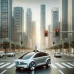 Vehículo autónomo circulando en una gran ciudad rodeado de rascacielos y semáforos inteligentes, estilo editorial sobrio.