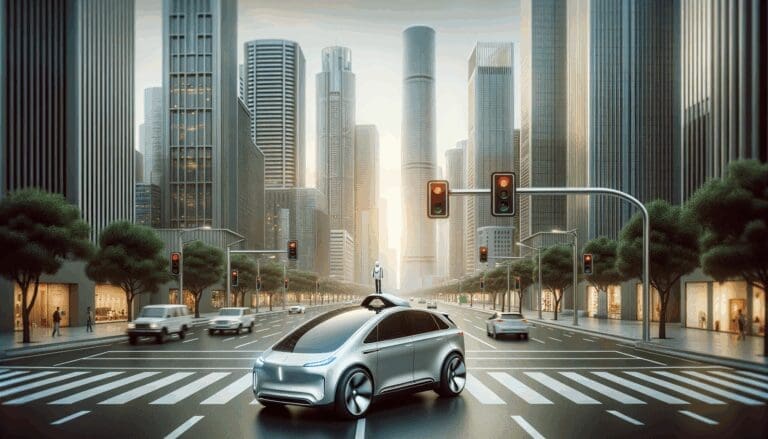 Vehículo autónomo circulando en una gran ciudad rodeado de rascacielos y semáforos inteligentes, estilo editorial sobrio.