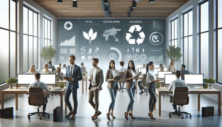 Jóvenes emprendedores trabajando en una oficina moderna con pantallas mostrando datos ecológicos.