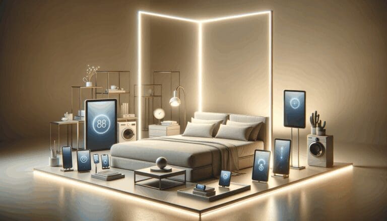 Cama inteligente moderna en un ambiente minimalista con luces suaves y dispositivos tecnológicos alrededor.