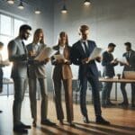 Emprendedores reunidos en una oficina moderna revisando documentos legales.