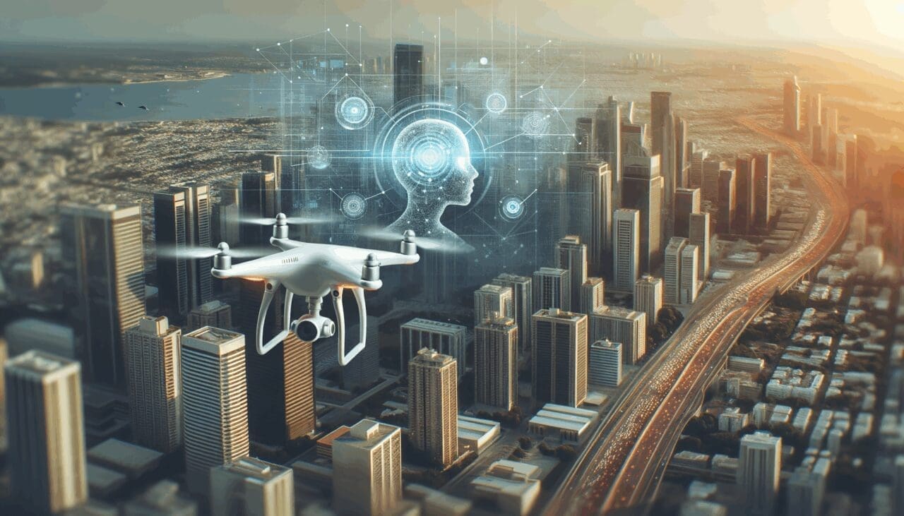 Dron volando sobre una ciudad moderna, con gráficos digitales superpuestos que simbolizan inteligencia artificial.