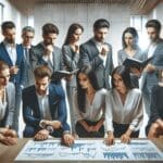 Inversores revisando gráficos financieros en una moderna oficina