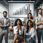 Grupo diverso de emprendedores en un coworking moderno, pantallas mostrando gráficos de crecimiento.