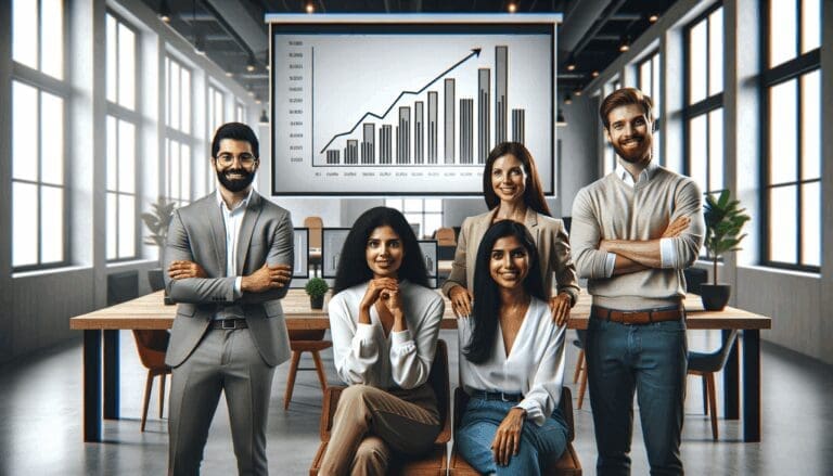 Grupo diverso de emprendedores en un coworking moderno, pantallas mostrando gráficos de crecimiento.