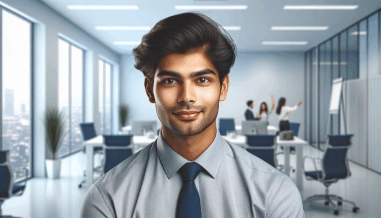 Retrato profesional de un joven emprendedor en una oficina moderna tecnológica.