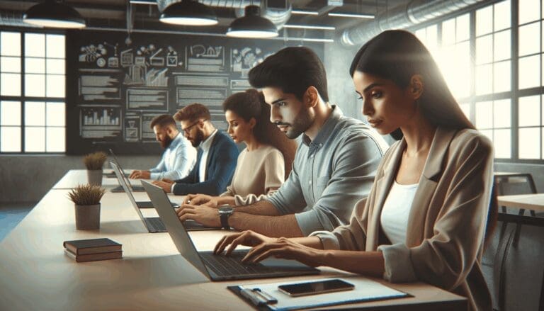 Emprendedores latinoamericanos trabajando en un espacio de coworking moderno con laptops y pizarras digitales.