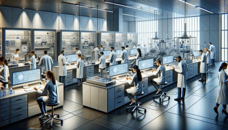 Laboratorio moderno con equipos tecnológicos avanzados y científicos trabajando.