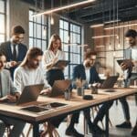 Grupo de emprendedores colaborando en un espacio moderno de coworking.