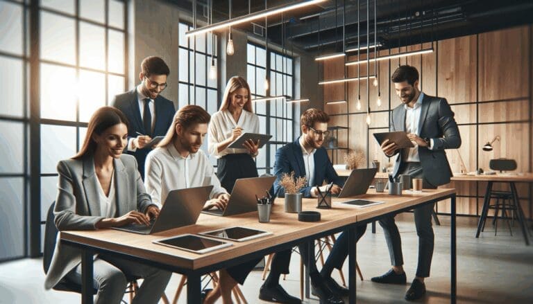 Grupo de emprendedores colaborando en un espacio moderno de coworking.