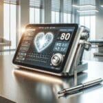 Primer plano de un dispositivo médico tecnológico sobre una mesa en un entorno clínico moderno, luz natural de fondo.