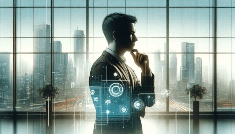 Retrato de una persona pensativa frente a una ventana con vistas a una ciudad tecnológica.