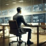 Emprendedor solo trabajando frente a varias pantallas digitales en oficina moderna