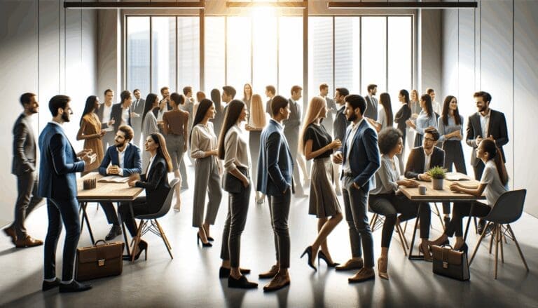 Jóvenes emprendedores reunidos en un espacio moderno colaborando con ejecutivos en una sala luminosa.