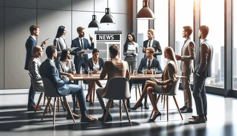 Reunión de emprendedores y expertos discutiendo estrategias fiscales en una sala de conferencias moderna.