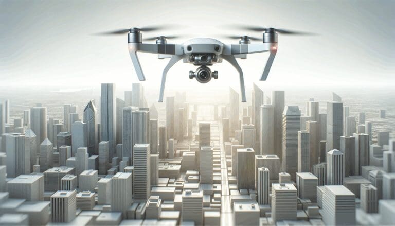 Dron futurista sobrevolando una ciudad moderna con rascacielos y luz diurna.