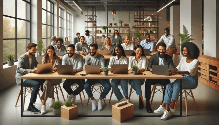 Personas diversas en una sala de coworking tech, colaborando y usando laptops en un ambiente moderno, inclusivo y luminoso.