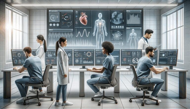 Equipo de bioingenieros trabajando frente a monitores con gráficos de datos y realidad aumentada en un ambiente médico moderno.