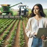 Mujer joven al aire libre observando cultivos, con laptop en mano, fondo de campos verdes y equipos tecnológicos agrícolas.