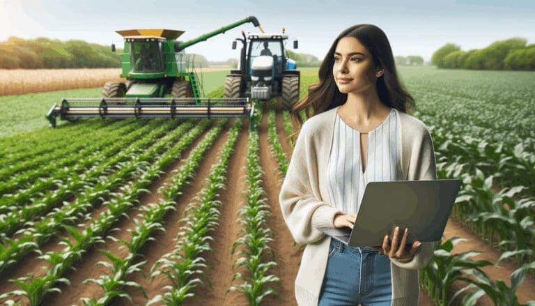 Mujer joven al aire libre observando cultivos, con laptop en mano, fondo de campos verdes y equipos tecnológicos agrícolas.