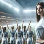 Fotografía de un equipo femenino de fútbol celebrando en un estadio moderno, con luz de día y público en segundo plano.