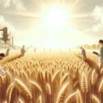 Campo de trigo bajo el sol con científicos investigando cultivos.