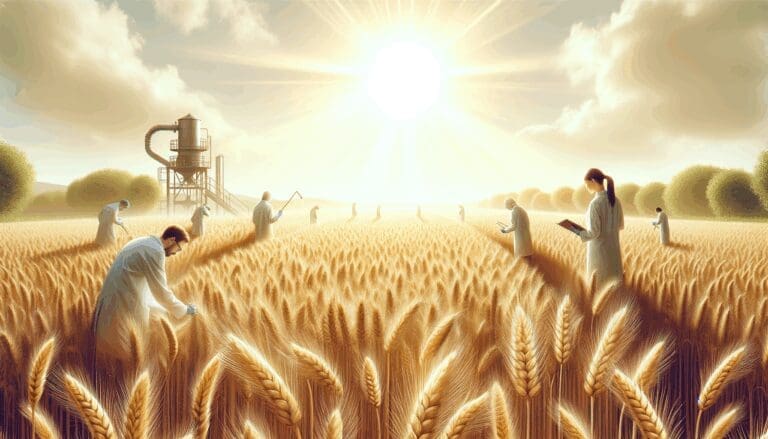 Campo de trigo bajo el sol con científicos investigando cultivos.