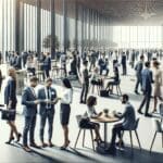 Personas interactuando en mesas de networking en un espacio moderno y luminoso, ambiente corporativo y tecnológico.
