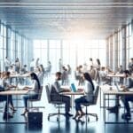 Sala de juntas con emprendedores trabajando en laptops, ambiente moderno y tecnológico.