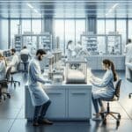 Laboratorio moderno con científicos trabajando en cultivos celulares y equipos biotecnológicos avanzados.