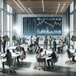 Oficinas modernas con emprendedores colaborando y pantallas mostrando datos financieros.