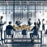 Mesa de trabajo con jóvenes empresarios revisando productos innovadores de alimentos y laptops, fondo moderno y luminoso.